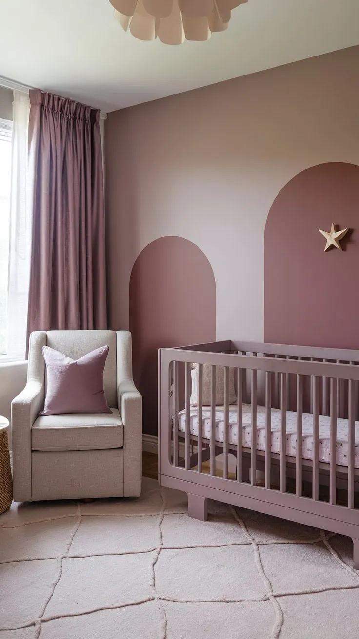 Dreamy serenity in this neutral purple nursery, anchored by a light brown accent wall nursery that perfectly complements the taupe and pink nursery scheme.  The crib on window wall basks in natural light, while the cinnamon slate nursery wall behind adds a touch of warmth.  Mauve and brown accents, along with the soft Sashay Sand Sherwin Williams nursery color, complete this sophisticated and calming space.  A grey and mauve nursery detail adds a subtle elegance.