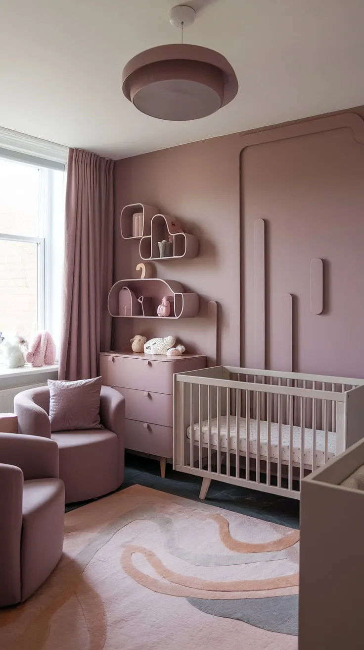 This girl nursery room wall, featuring a stunning neutral purple accent wall, is the epitome of modern nursery decor.  The light brown accent wall nursery provides a warm contrast to the taupe and pink nursery theme.  The crib on the window wall, grey and mauve nursery accents, and mauve and brown furniture all contribute to the overall sophisticated and calming atmosphere of this cinnamon slate nursery, painted in the perfect Sashay Sand Sherwin Williams shade.