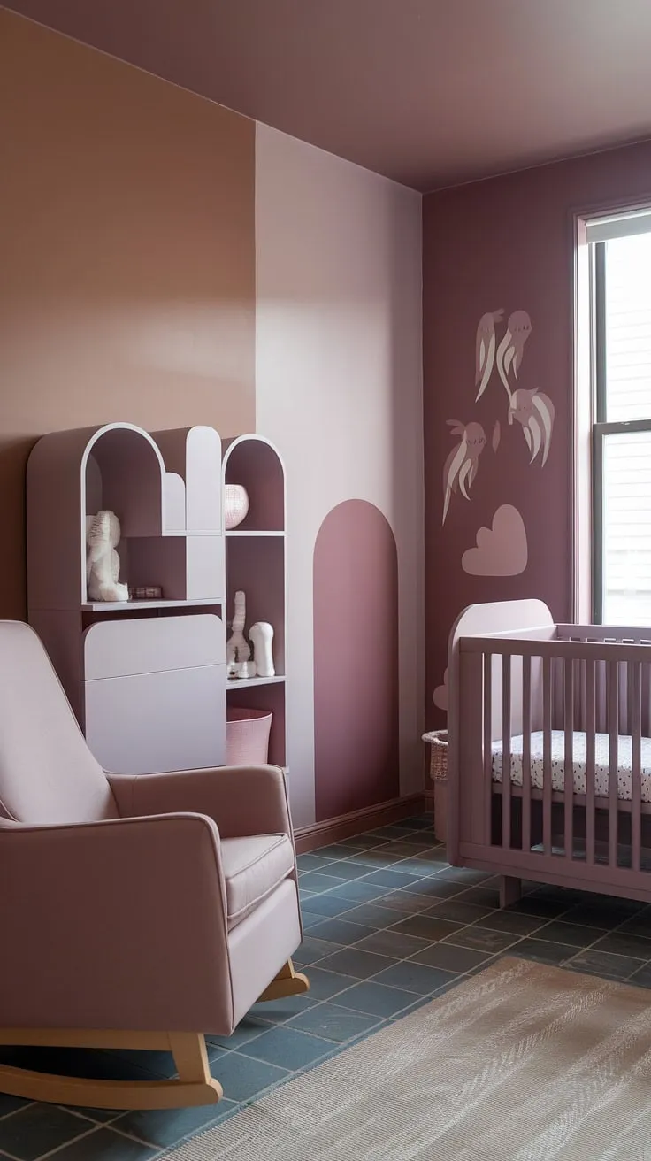 A gentle blend of mauve and brown hues defines this Sashay Sand Sherwin Williams nursery, featuring a stunning neutral purple accent wall.  The light brown accent wall nursery design is balanced by taupe and pink elements, creating a calming atmosphere.  The crib nestled by the window, the cinnamon slate nursery floor, and the thoughtful nursery decor accent wall combine to form a haven of peace for a little girl.