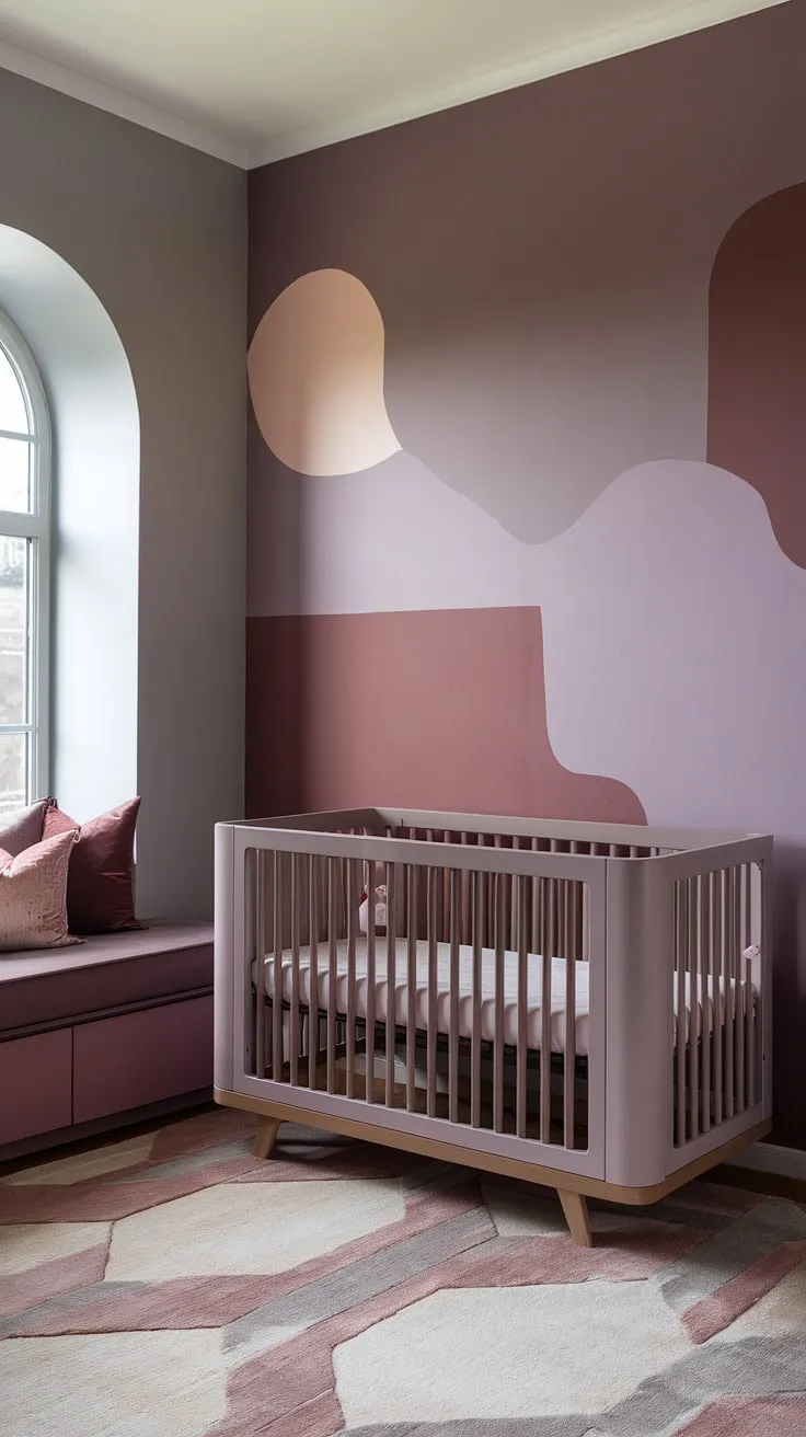 Dreamy and serene, this neutral purple nursery features a captivating cinnamon slate accent wall, perfectly complementing the taupe and pink nursery decor.  The crib on the window wall maximizes natural light, while the grey and mauve color scheme, accented with light brown, creates a calming atmosphere.  The sashay sand Sherwin Williams paint adds a touch of warmth to this beautiful girl nursery room wall.