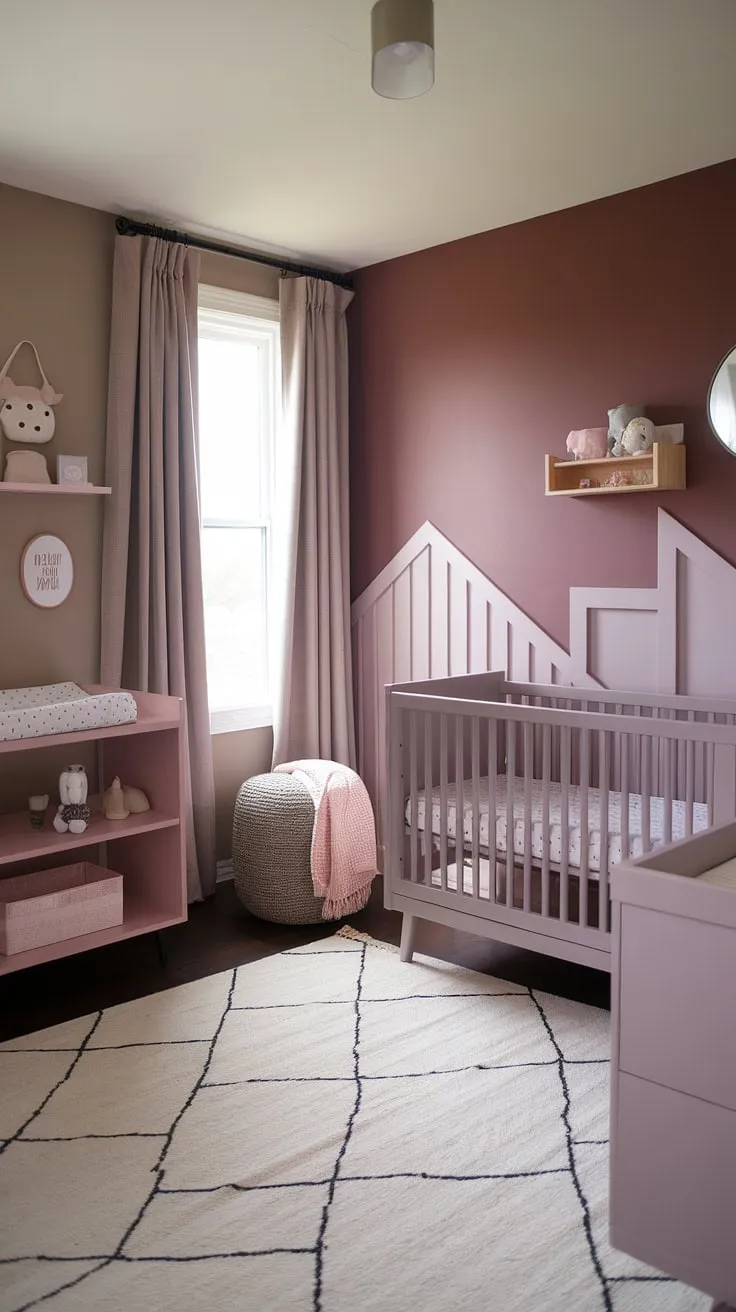 Dreamy serenity in this neutral purple nursery.  The light brown accent wall, a Sashay Sand Sherwin Williams masterpiece, perfectly complements the taupe and pink nursery decor.  The crib nestled on the window wall, against the cinnamon slate walls, creates a calming space. This mauve and brown nursery is the epitome of gentle sophistication.