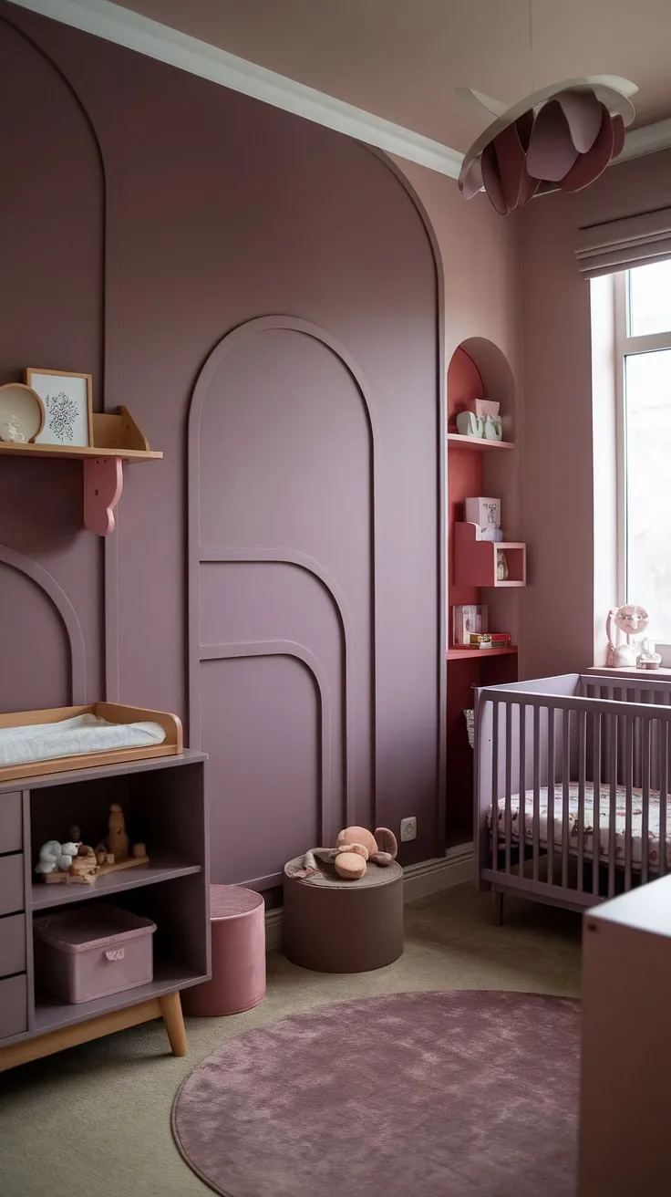 Dreamy whispers of mauve and brown fill this cinnamon slate nursery, anchored by a light brown accent wall nursery in a soft, neutral purple hue.  The crib on the window wall basks in gentle light, complemented by taupe and pink accents and a plush mauve rug.  This sashay sand Sherwin Williams nursery is the perfect blend of calm and playful, showcasing a stunning nursery decor accent wall and creating a truly magical space for a little girl.