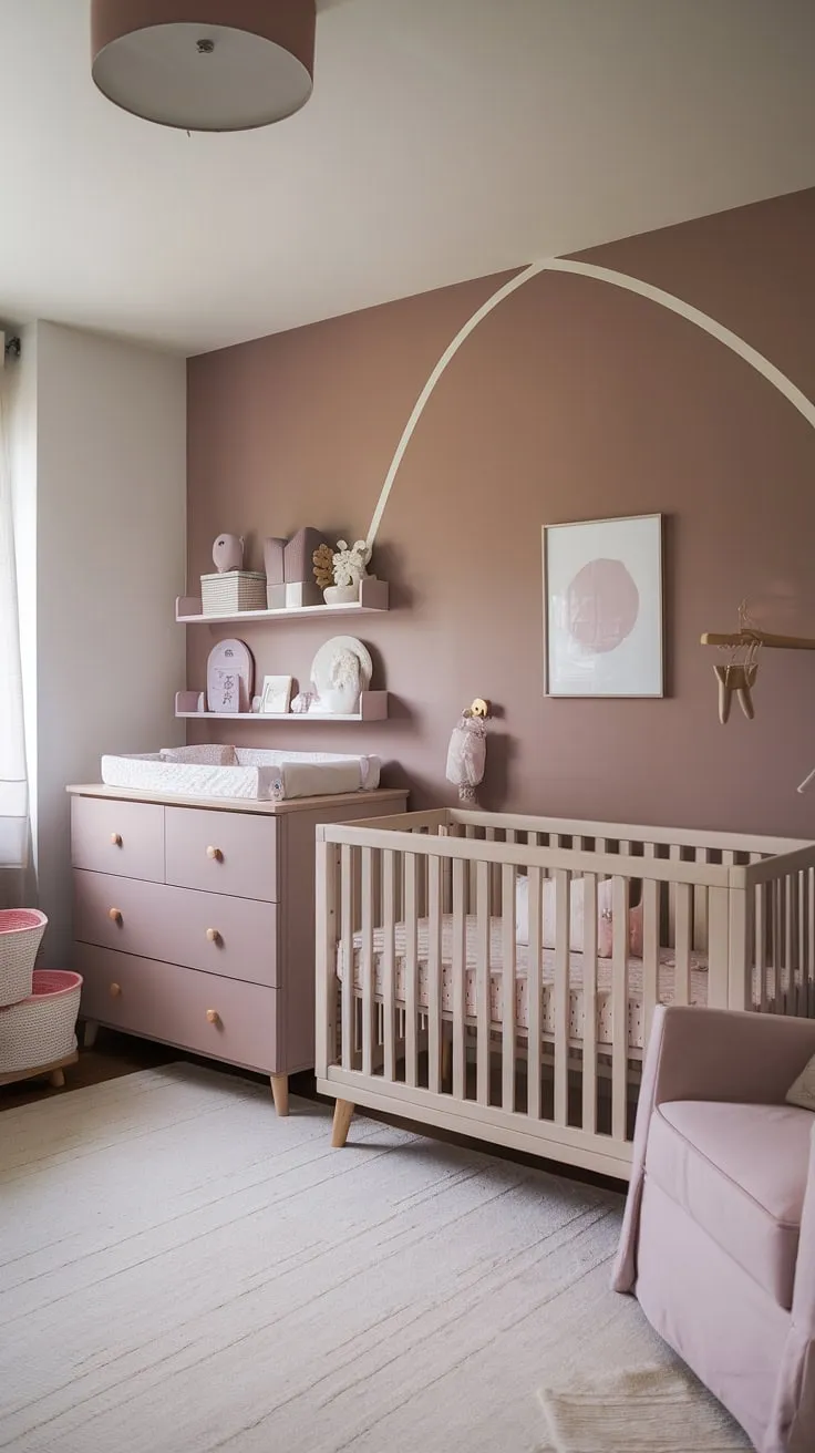 This Sashay Sand Sherwin Williams nursery features a light brown accent wall girl nursery room wall that perfectly complements the neutral purple nursery theme.  Taupe and pink accents add warmth to this grey and mauve nursery, while the crib on the window wall maximizes natural light. The thoughtful blend of mauve and brown nursery furniture completes this charming and sophisticated space.