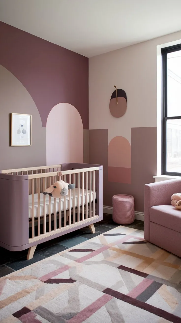 This neutral purple nursery is a haven of tranquility.  The light brown accent wall nursery complements the soft taupe and pink palette, while the grey and mauve nursery accents add depth and dimension.  The crib on window wall basks in natural light, and the cinnamon slate nursery flooring adds a touch of rustic charm.  The Sashay Sand Sherwin Williams nursery accent wall is the perfect finishing touch, creating a truly unique and stylish space.  A beautiful example of a girl's nursery room wall design.