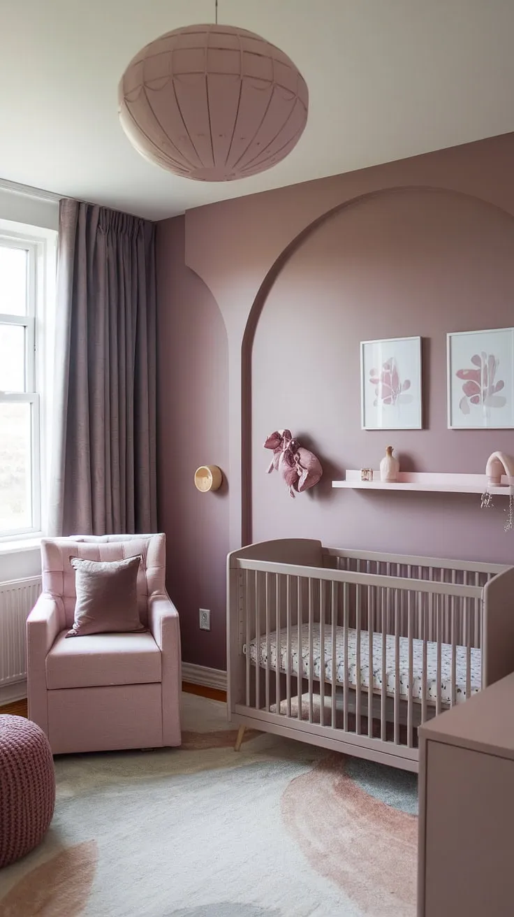 A neutral purple nursery transformed!  This light brown accent wall nursery features a stunning sashay sand Sherwin Williams accent wall, perfectly complementing the taupe and pink nursery theme.  The crib on the window wall is a charming focal point, and the grey and mauve nursery, accented with cinnamon slate and mauve and brown details, creates a sophisticated and calming space.  The perfect blend of modern and cozy for this nursery decor accent wall.