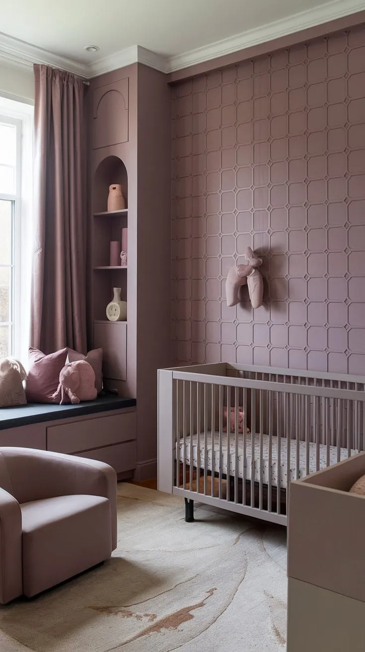 Dreamy and serene, this neutral purple nursery, featuring a light brown accent wall in Sherwin Williams' Sashay Sand, creates the perfect haven for a little girl.  The taupe and pink accents, grey and mauve furniture, and crib nestled on the window wall complete the calming atmosphere.  Cinnamon slate details add a touch of warmth to this beautifully styled nursery decor accent wall.