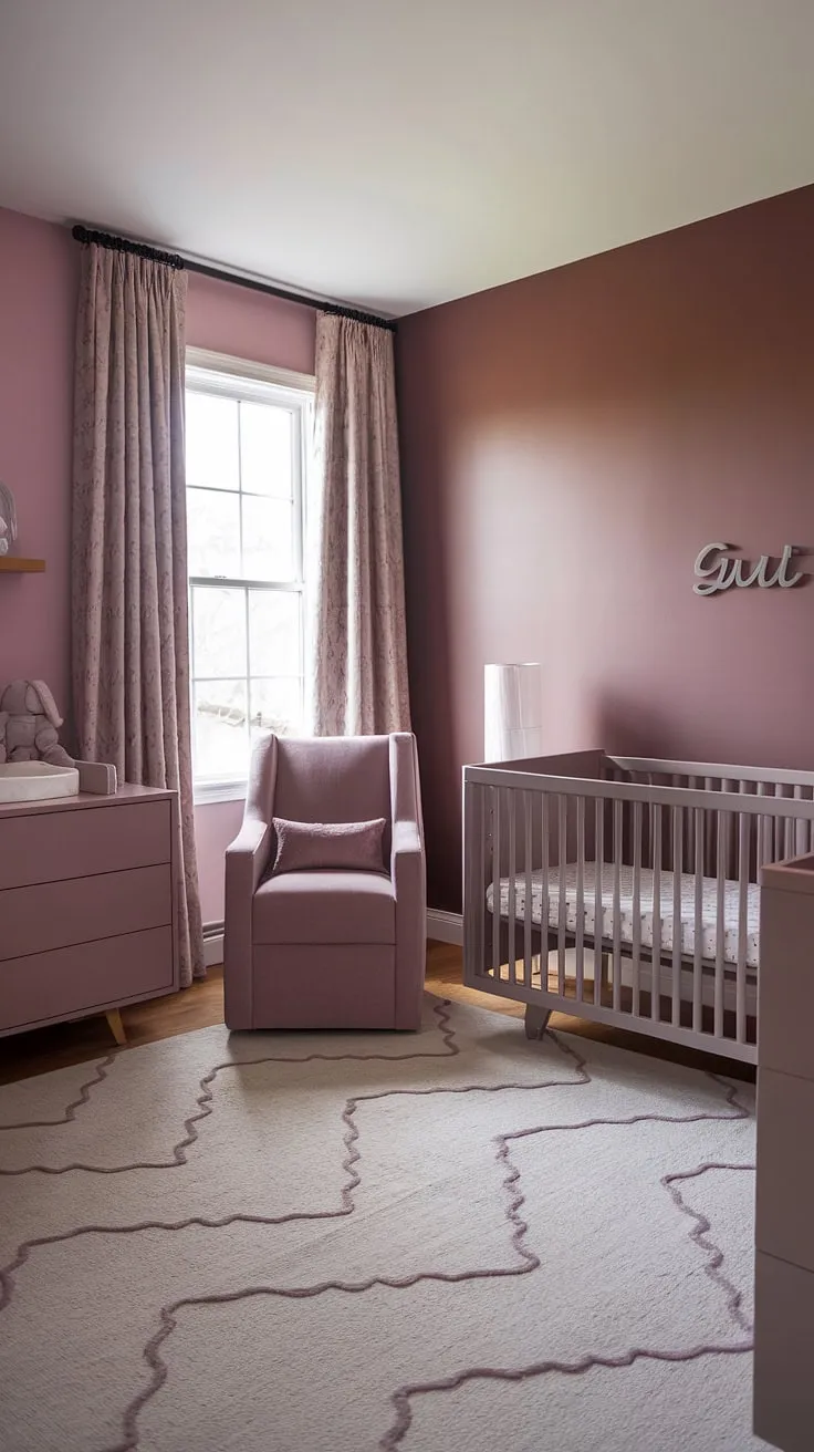 This Sashay Sand Sherwin Williams nursery is the epitome of sophisticated simplicity.  The light brown accent wall nursery design adds a touch of warmth to the neutral purple nursery, beautifully offsetting the taupe and pink color scheme.  The crib on the window wall, the grey and mauve nursery rug, and the mauve chair create a cozy and stylish space.  The cinnamon slate nursery walls provide a calming backdrop for this gorgeous girl's room.