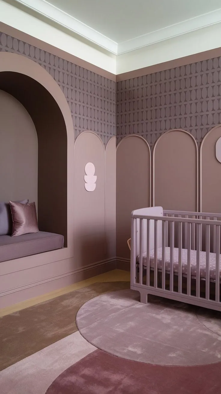 This taupe and pink nursery is a haven of gentle hues.  A light brown accent wall in Sashay Sand Sherwin Williams provides a warm contrast to the neutral purple nursery walls, adorned with subtle grey and mauve patterns. The crib on the window wall enjoys the natural light, while the cinnamon slate wall adds depth and texture.  The mauve and brown nursery rug and thoughtful nursery decor accent wall create a space that's both stylish and calming, a perfect sanctuary for a little girl.