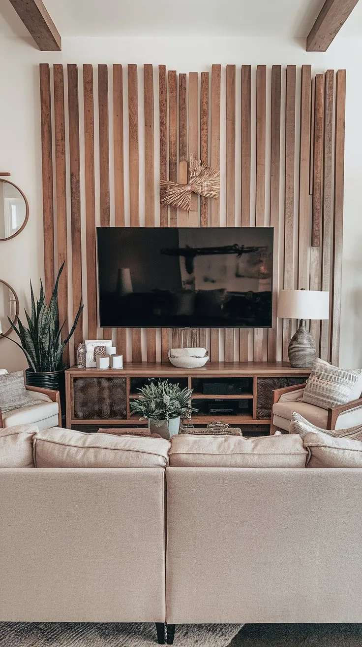 This accent hallway wall (though used here as an accent wall behind tv in a living room) is a showstopper! The DIY wood slat accent wall adds depth and dimension, showcasing the beauty of acoustic slat wood wall panels. Get inspired by this accent wall ideas living room.