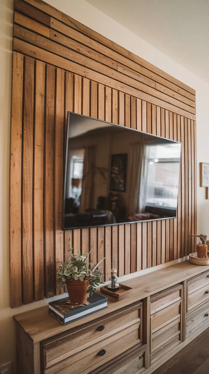 This DIY wood slat accent wall is a showstopper! The vertical arrangement of the acoustic slat wood wall panels adds texture and warmth to the living room, creating a beautiful accent wall behind tv. Looking for accent wall ideas living room? This project, easily adaptable for an accent hallway wall, uses readily available accent wall panels to achieve a high-impact, budget-friendly design.