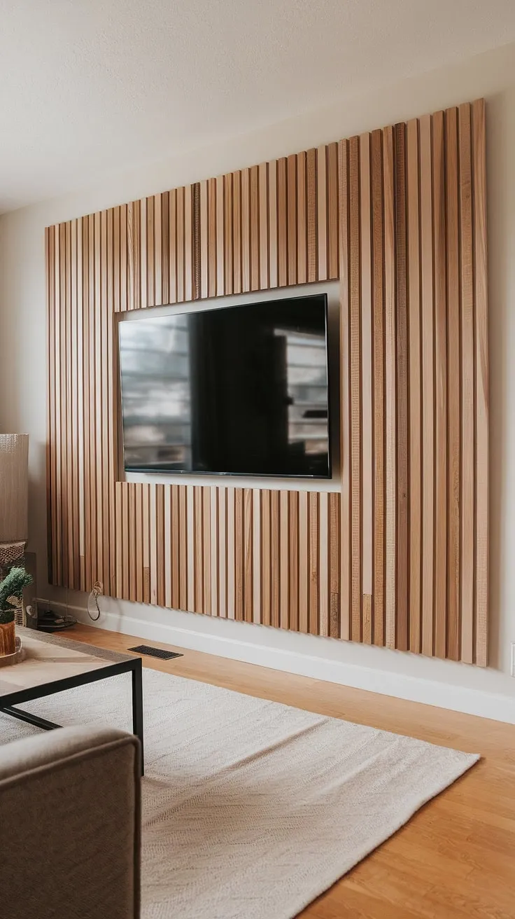 Warm, natural light bathes this living room, highlighting the stunning DIY wood slat accent wall behind the TV. The acoustic slat wood wall panels create a beautiful focal point, offering both style and sound absorption. This accent wall ideas living room project showcases the versatility of accent wall panels, transforming a simple space into a cozy haven. Notice the subtle texture and the natural wood color, a perfect example of how an accent hallway wall can elevate your home's aesthetic.
