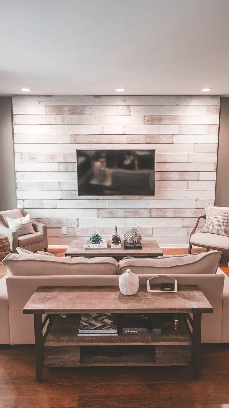 This living room showcases a beautiful DIY wood slat accent wall, a fantastic example of accent wall ideas living room. The white accent wall panels, acting as acoustic slat wood wall panels, add texture and visual depth behind the TV. This accent wall behind tv is a simple yet effective way to upgrade your space, proving that even an accent hallway wall can make a big impact. The warm lighting complements the wood tones of the coffee table and the overall neutral palette.