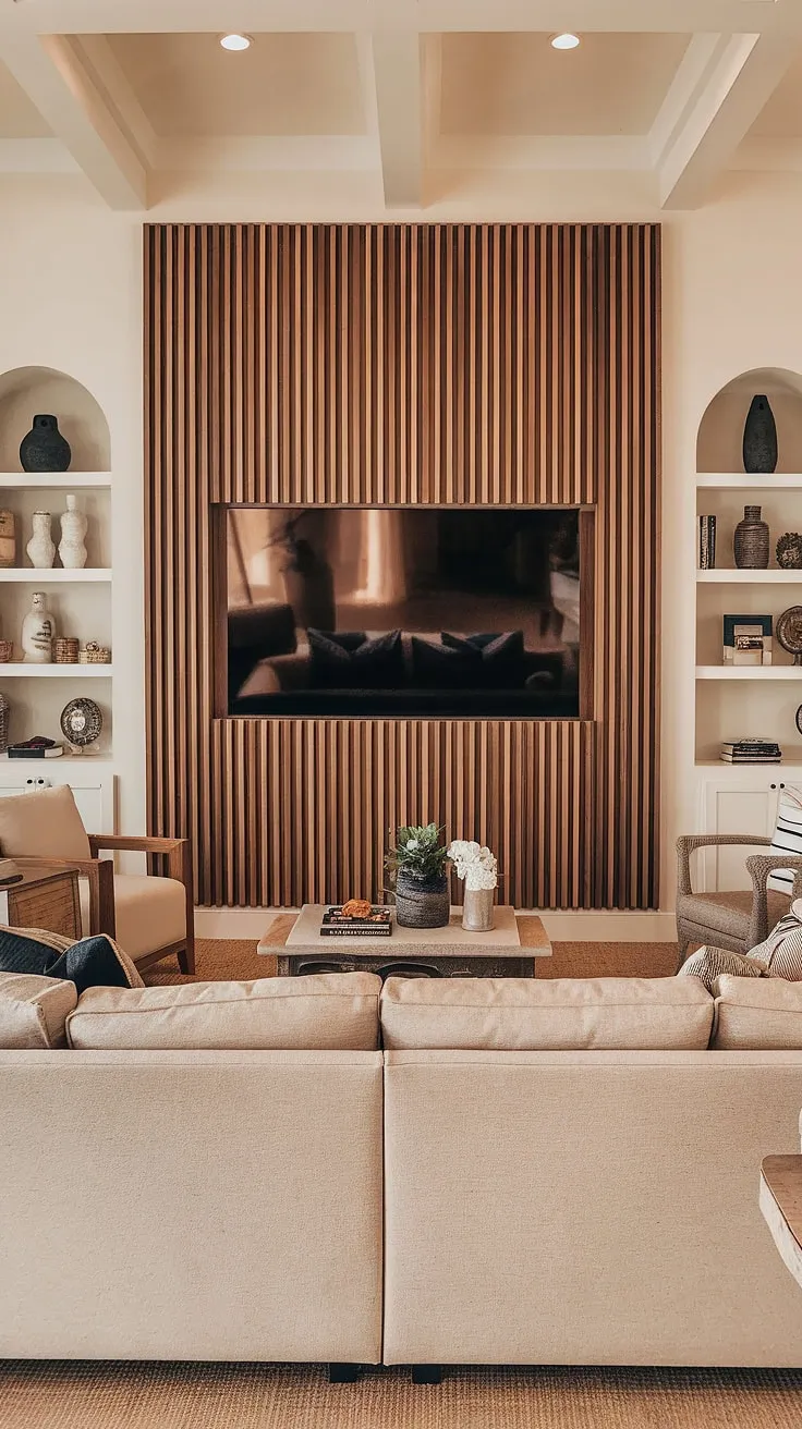 Warm lighting illuminates a cozy living room featuring a stunning DIY wood slat accent wall behind the TV. The horizontally arranged acoustic slat wood wall panels create a striking focal point, extending from floor to ceiling and offering a unique take on accent wall ideas living room. The beige sofa and complementary furnishings complete the relaxed atmosphere. This accent hallway wall (though in the living room!) is a testament to the transformative power of accent wall panels.