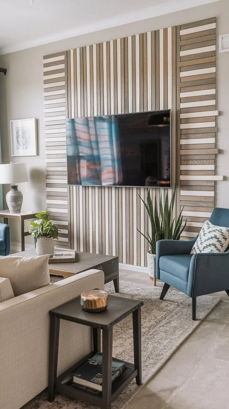 Transforming a living room with a stunning DIY wood slat accent wall behind the TV. This acoustic slat wood wall panels project adds warmth and texture, showcasing creative accent wall ideas living room. The accent hallway wall (though not technically a hallway) inspired the design, using accent wall panels for a unique focal point.