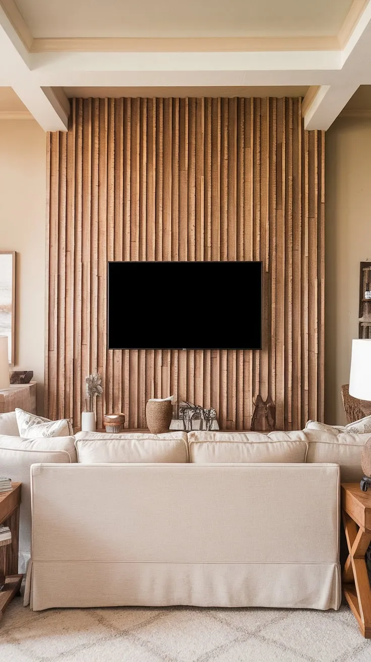 Transform your living room with this DIY wood slat accent wall; a stunning focal point behind the TV, offering both style and acoustic benefits. This accent wall ideas living room project uses acoustic slat wood wall panels for a textured, 3D effect, far exceeding typical accent hallway wall treatments.
