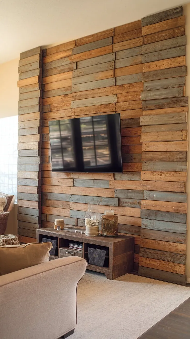 This rustic DIY wood slat accent wall is the perfect blend of texture and warmth.  The vertical arrangement of the accent wall panels adds visual interest and depth, while the weathered finish creates a charming, inviting atmosphere.  Looking for accent wall ideas living room? This accent wall behind tv, easily achievable with acoustic slat wood wall panels, is a testament to the transformative power of a DIY project.  The design could easily be replicated on an accent hallway wall.