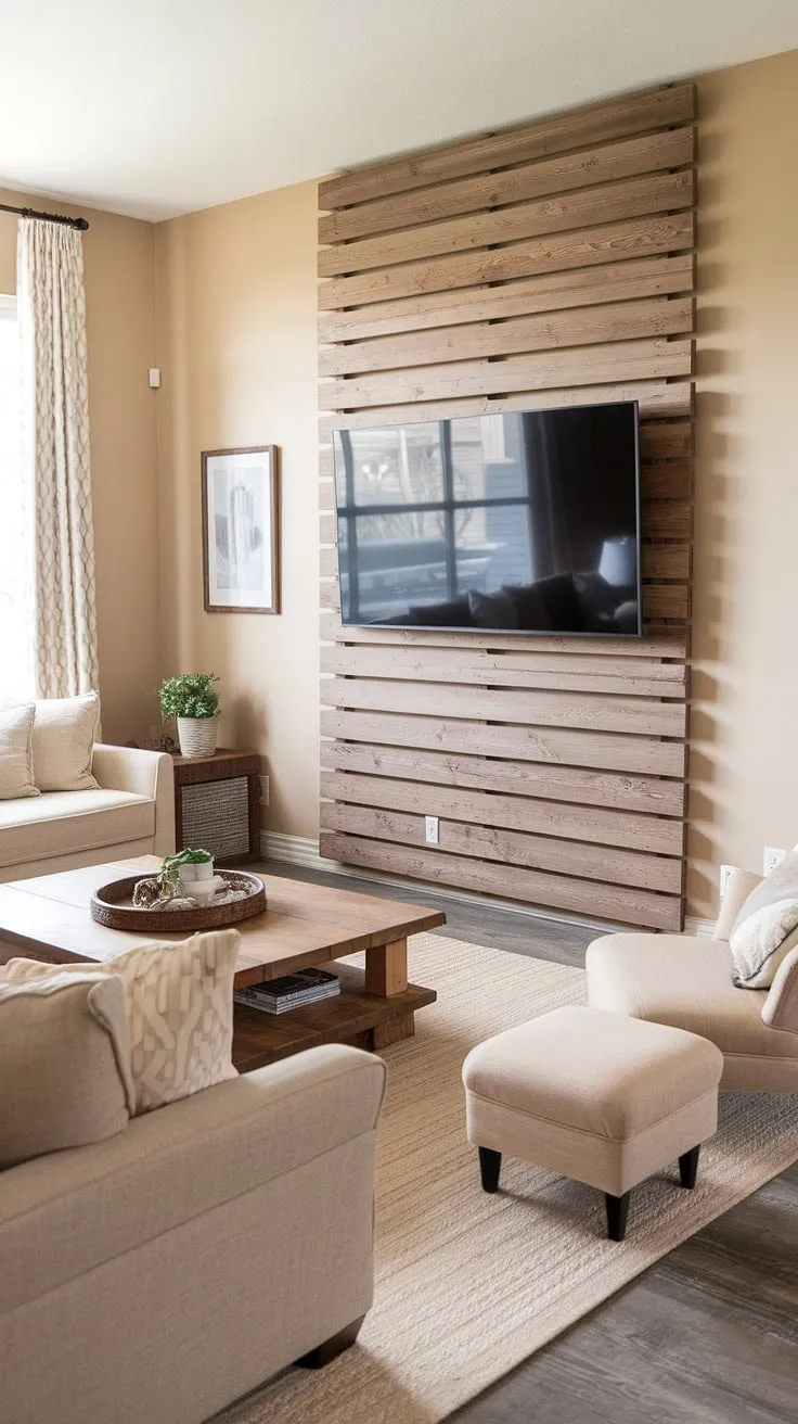 This stunning DIY wood slat accent wall is the focal point of this living room, showcasing a simple yet effective accent wall behind tv.  The horizontal arrangement of the acoustic slat wood wall panels adds warmth and texture, while also offering sound absorption benefits.  Looking for accent wall ideas living room? This project proves that even a beginner can create a dramatic impact with accent wall panels.  The neutral color palette allows the wood to shine, making it a perfect example of how to use an accent wall to enhance, not overpower, your space.