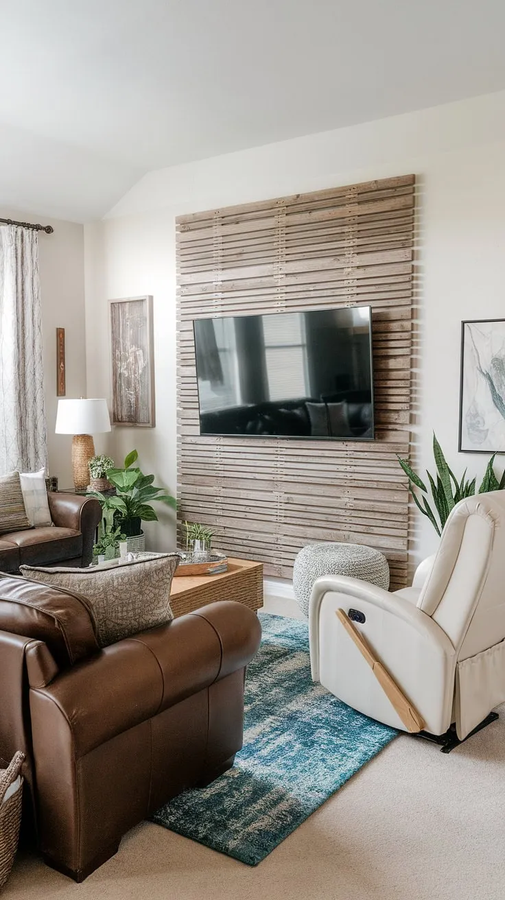 This stunning accent wall behind TV is the star of this living room makeover!  Using readily available accent wall panels, I created this DIY wood slat accent wall, a perfect blend of style and functionality. The acoustic slat wood wall panels offer a subtle sound dampening effect, making it ideal for movie nights.  This accent wall ideas living room project is a testament to how a little DIY can go a long way.  The white-painted wood slats create a clean, modern look, beautifully complemented by the comfy furniture and vibrant rug.  Consider this inspiration for your next accent hallway wall project!
