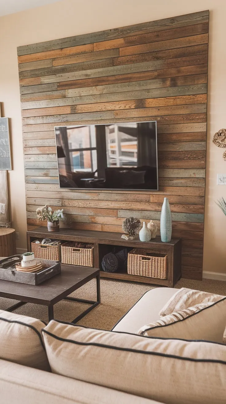 This stunning living room showcases a DIY wood slat accent wall, a perfect example of accent wall ideas living room. The acoustic slat wood wall panels, used as an accent wall behind the tv, bring a rustic charm and warmth to the space. The neutral color palette of the sofa and rug allows the beautiful wood accent wall panels to take center stage. Consider this inspiring design for your own home, perhaps even extending the DIY wood slat accent wall to a hallway for a cohesive look.