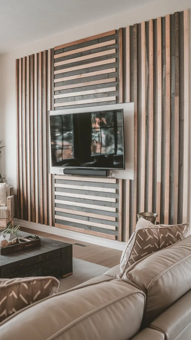 Transform your living room with this DIY wood slat accent wall behind the TV; a stunning example of accent wall ideas living room, using acoustic slat wood wall panels for both style and function. The accent wall panels create a unique focal point, elevating the space.