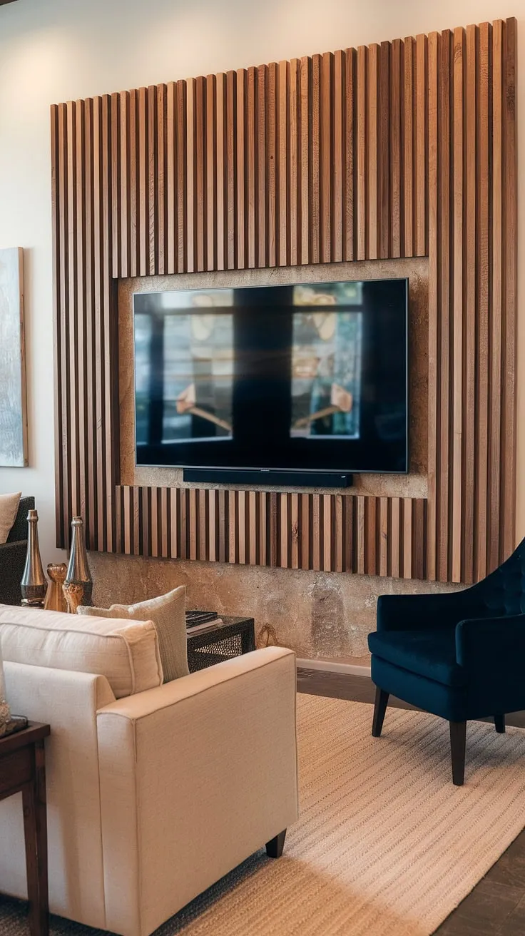 This living room boasts a unique DIY wood slat accent wall, a perfect example of accent wall ideas living room. The warm-hued accent wall panels, a blend of horizontal and vertical slats, are positioned strategically as an accent wall behind tv. These acoustic slat wood wall panels not only add visual interest but also contribute to improved room acoustics. The overall design, including the neutral rug and furniture, complements the striking accent hallway wall beautifully.
