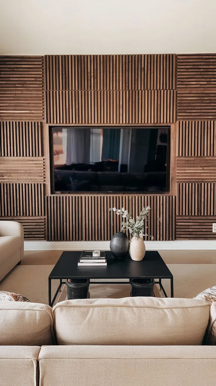 Transforming a living room with a stunning DIY wood slat accent wall behind the TV. These acoustic slat wood wall panels offer both style and sound absorption, creating the perfect focal point. This accent wall ideas living room project is a game-changer.