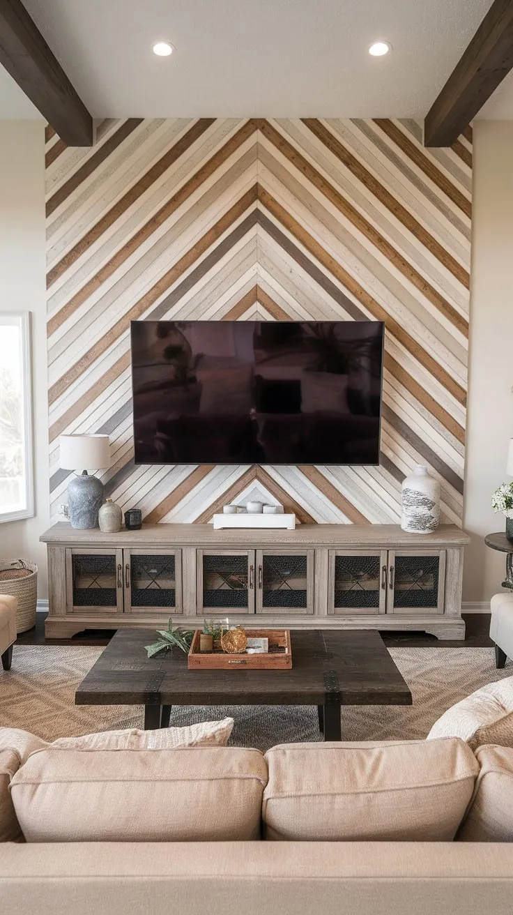 Warmth and character fill this living room thanks to the striking DIY wood slat accent wall. The accent wall behind TV is constructed from accent wall panels of varying wood tones, creating an eye-catching feature. These acoustic slat wood wall panels not only enhance the aesthetics but also potentially improve the room's acoustics. This is a fantastic example of accent wall ideas living room.