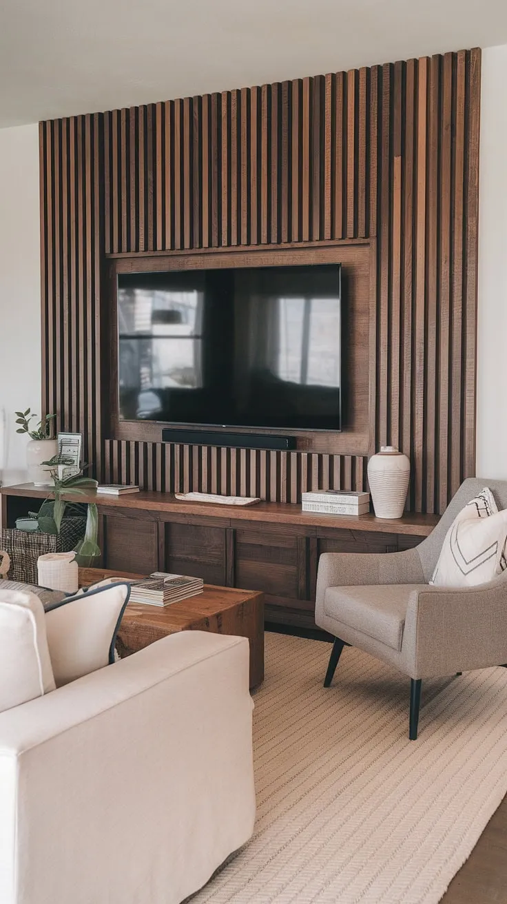 The rich, dark brown tones of this diy wood slat accent wall, acting as an accent wall behind tv, instantly elevate the living room. The horizontal arrangement of the acoustic slat wood wall panels adds a modern touch, while the beige rug and neutral furniture create a balanced and inviting space. This is a fantastic example of accent wall ideas living room and a clever use of accent wall panels.