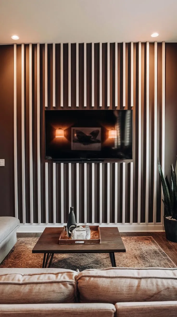 This accent hallway wall (though in a living room!) is a showstopper. The diy wood slat accent wall, featuring accent wall panels and acoustic slat wood wall panels, is the perfect accent wall behind tv, adding warmth and texture.