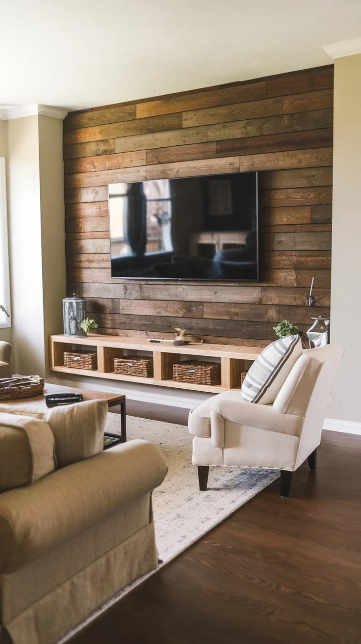 This living room's focal point is undoubtedly the DIY wood slat accent wall behind the TV. The rich, dark brown finish of the acoustic slat wood wall panels adds depth and warmth, while the simple design makes it a perfect accent wall ideas living room solution. The accent wall panels are easy to install and create a dramatic effect, complementing the existing beige sofa, white chair, and wooden coffee table. The dark hardwood floors and added shelving complete the look, making this accent hallway wall (in this case, a living room wall) a true DIY success story.