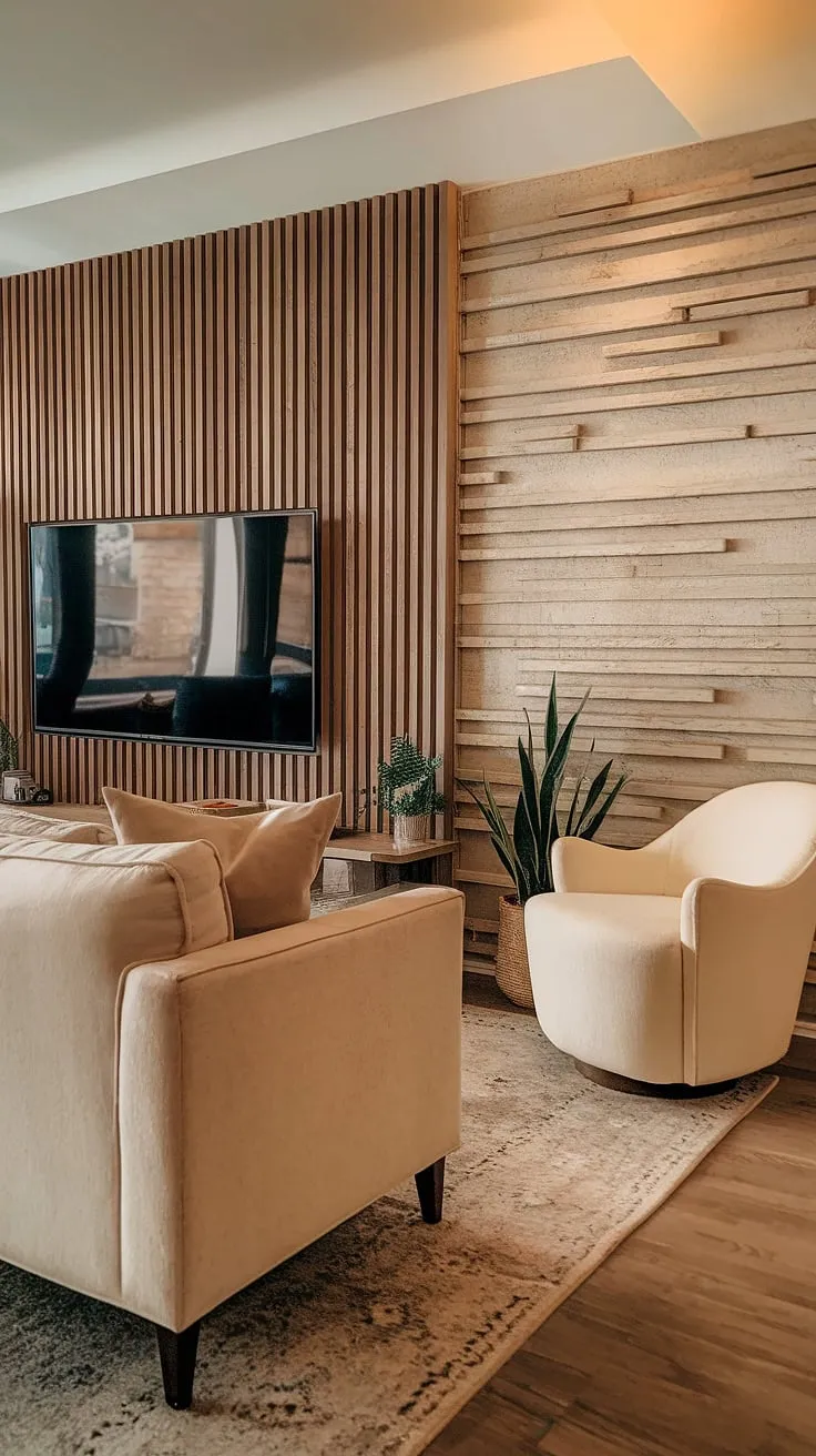 Warm lighting and a cozy atmosphere are created by this DIY wood slat accent wall behind the TV.  The acoustic slat wood wall panels not only add visual texture but also help improve the room's acoustics, making it a perfect example of accent wall ideas for a living room. This accent hallway wall treatment could easily be replicated in other spaces.