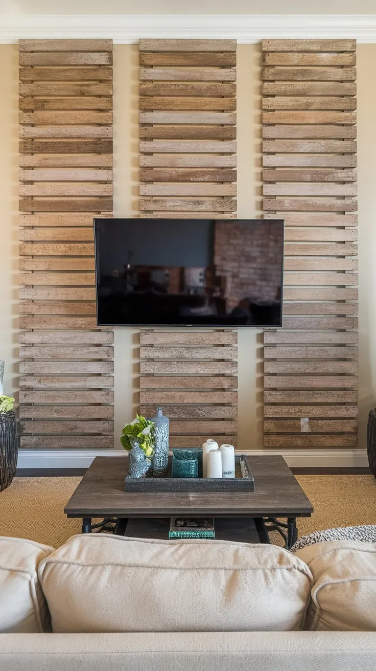 The rich tones of this acoustic slat wood wall panels create a focal point in this living room, showcasing a stunning accent wall behind tv.  This DIY wood slat accent wall is a masterclass in accent wall ideas living room, proving that simple accent wall panels can make a huge impact.  The horizontal slats add visual interest and depth, while the light brown wood creates a warm and inviting atmosphere.  The result is a sophisticated and stylish space, demonstrating the transformative power of an accent hallway wall (even when it's not actually in a hallway!).