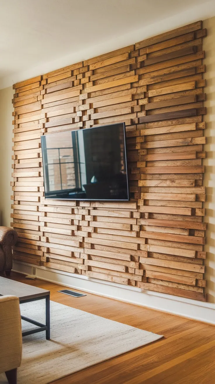 This DIY wood slat accent wall completely transforms the living room, adding warmth and texture.  The vertical arrangement of the acoustic slat wood wall panels creates a stunning focal point behind the TV, offering a unique take on accent wall ideas living room.  Even the accent hallway wall could benefit from this design.