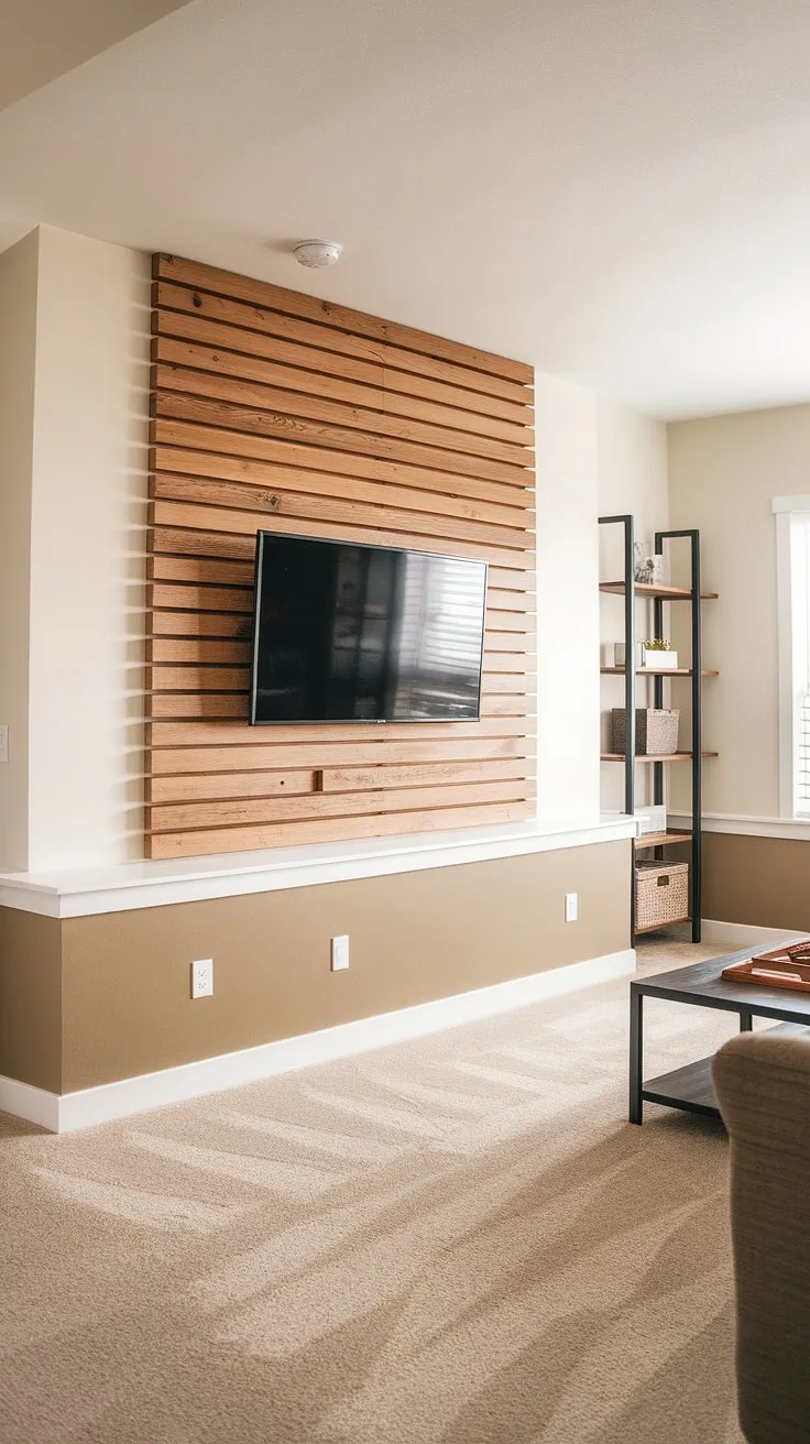 This DIY wood slat accent wall completely transforms the living room, creating a stunning focal point behind the TV. The acoustic slat wood wall panels not only add visual interest but also help improve the room's acoustics.  A perfect example of accent wall ideas living room, showcasing how accent wall panels can elevate your space.  The two-toned design, with white above and light brown below, adds a touch of sophistication.  Even the accent hallway wall could benefit from this stylish upgrade.