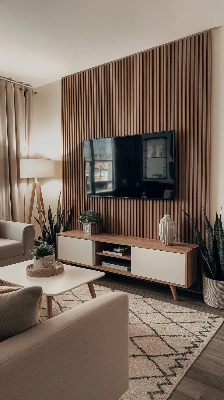 Transform your living room with this DIY wood slat accent wall behind the TV. Acoustic slat wood wall panels create a stunning focal point, showcasing the perfect blend of style and function. This accent wall ideas living room project elevates the space, proving that even an accent hallway wall can make a big impact.