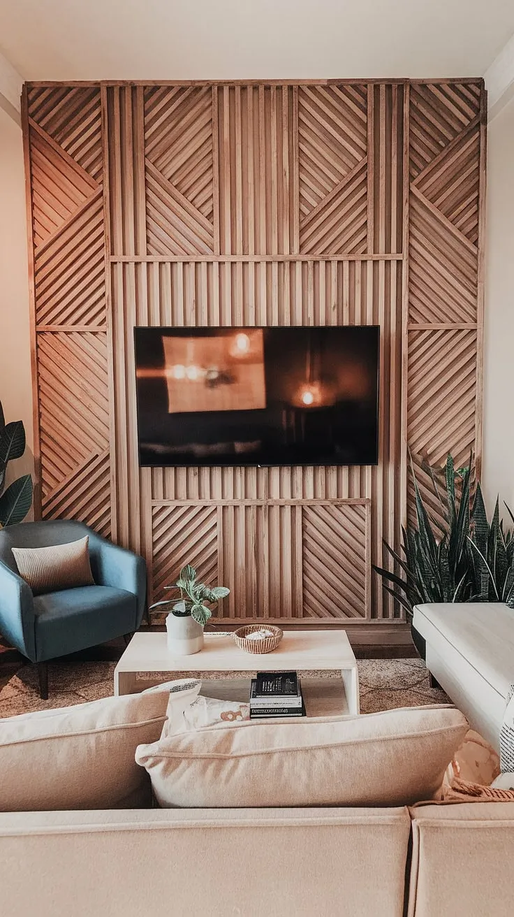 Transform your living room with this eye-catching accent wall behind tv. The intricate pattern of the diy wood slat accent wall, crafted from acoustic slat wood wall panels, adds depth and dimension. This accent wall panels installation is a perfect example of accent wall ideas living room, proving that even an accent hallway wall can make a bold statement.