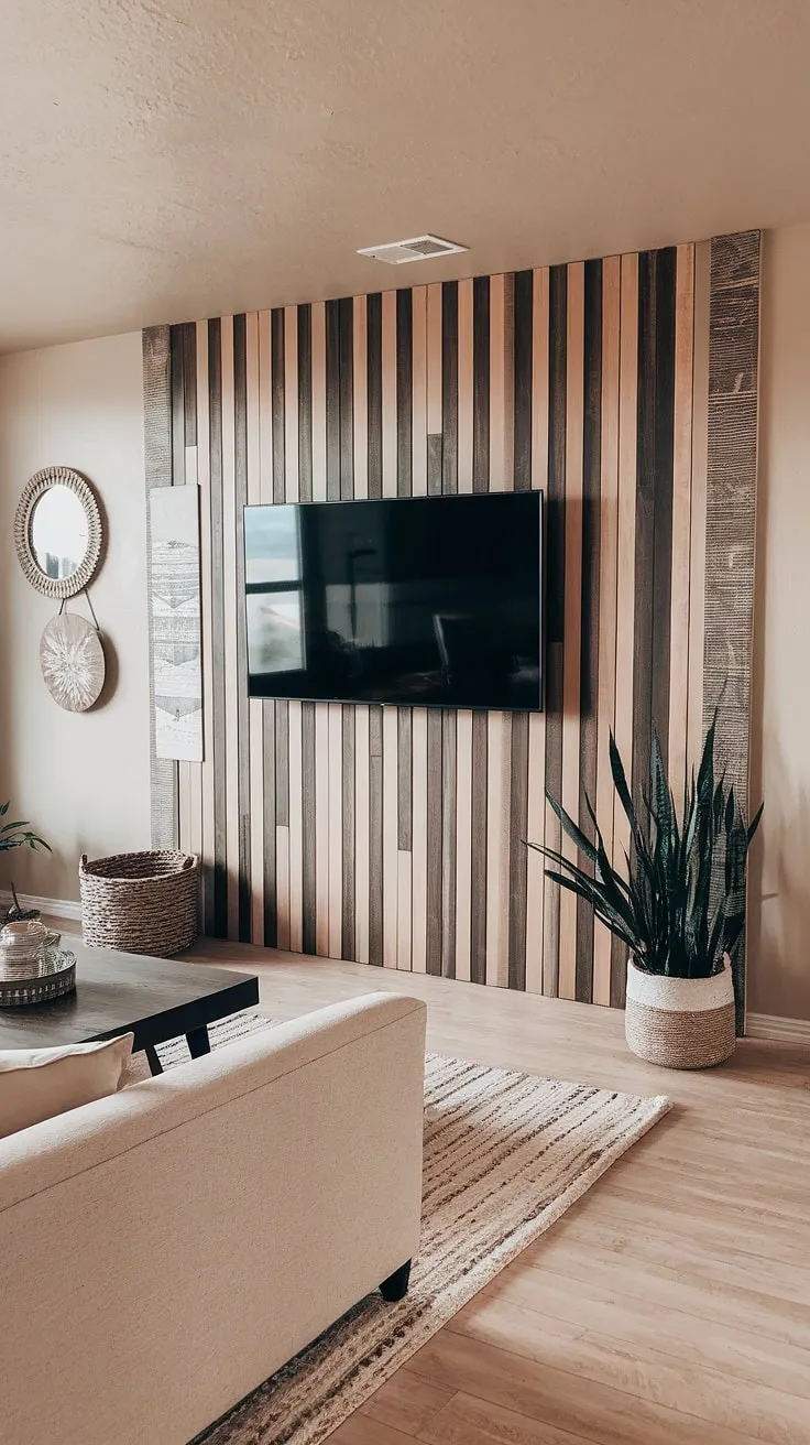 This accent wall behind TV is the perfect blend of style and function. The acoustic slat wood wall panels not only add visual interest but also improve the room's acoustics. Get inspired by this accent wall ideas living room and create your own DIY wood slat accent wall using accent wall panels. A beautiful accent hallway wall, even if it's not actually in a hallway!