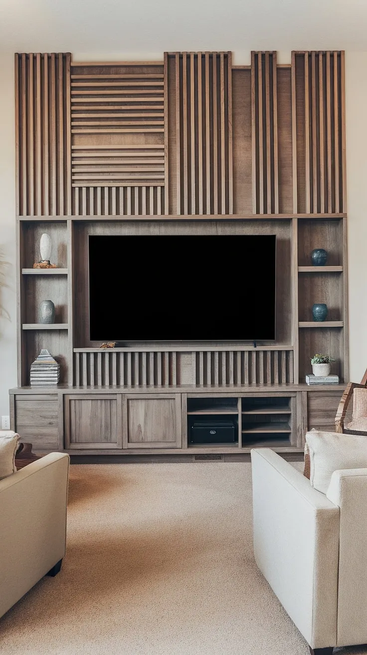 The stunning accent wall behind the TV is the focal point of this cozy living room.  This accent hallway wall (though in the living room!) is a masterpiece of DIY design, using accent wall panels to create a beautiful and functional acoustic slat wood wall.  The result?  A space that's both stylish and sound-absorbing.