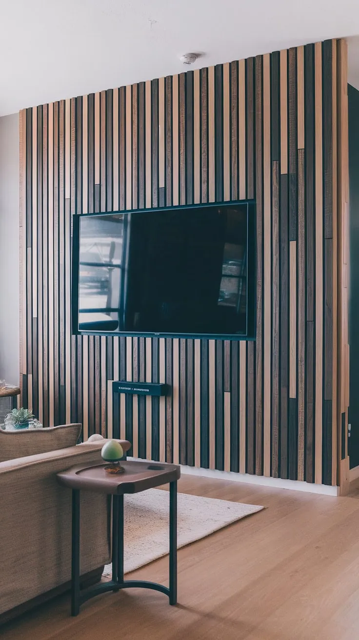 This DIY wood slat accent wall transforms the living room, creating a stunning focal point behind the TV. The mix of dark and light acoustic slat wood wall panels adds depth and texture, while the light wood floors complement the warm tones perfectly.  This accent wall behind tv is a fantastic example of accent wall ideas living room, showcasing the impact of accent wall panels.