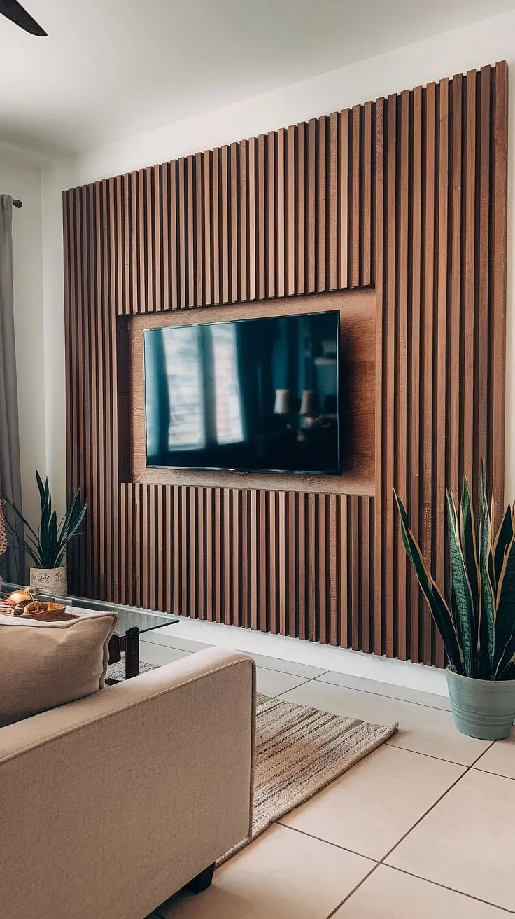Transforming a simple living room into a haven of style and tranquility with this DIY wood slat accent wall.  The acoustic slat wood wall panels not only add visual interest behind the TV but also enhance the room's acoustics, creating a truly immersive space. This accent wall behind tv is a perfect example of accent wall ideas living room, proving that even an accent hallway wall can be a stunning focal point.