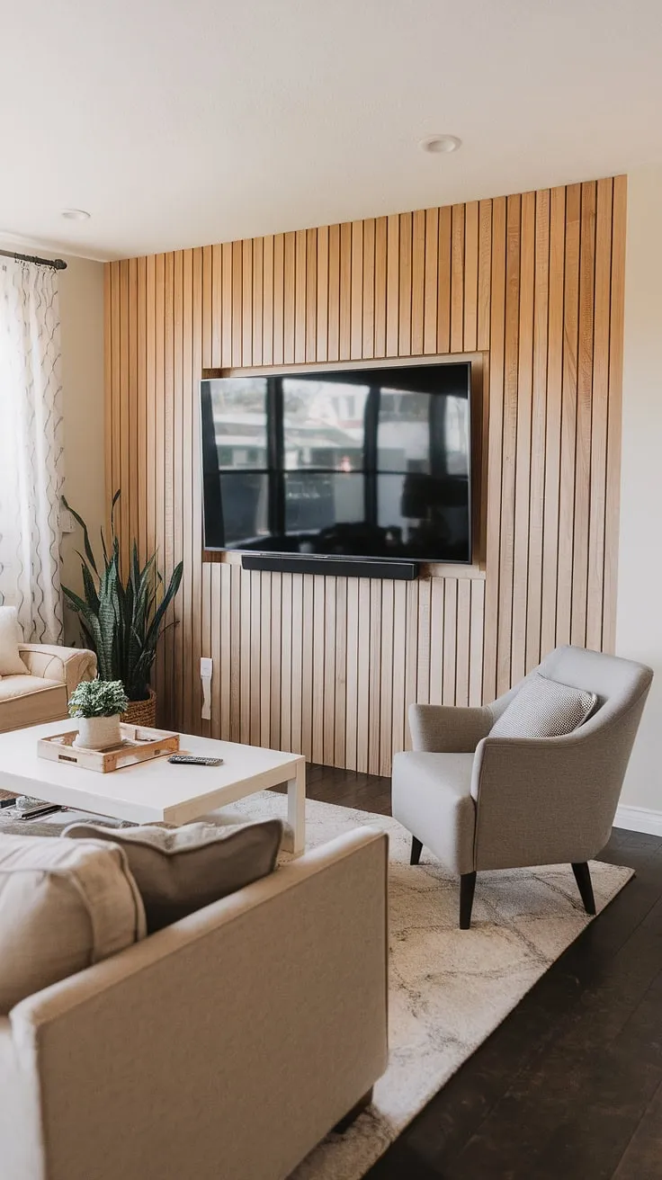 Transforming a space with texture and warmth! This DIY wood slat accent wall, extending from floor to ceiling behind the TV, instantly elevates the living room.  The acoustic slat wood wall panels not only add visual interest but also improve the room's acoustics.  A perfect example of accent wall ideas living room, showcasing how accent wall panels can create a stunning focal point.  This project proves that even an accent hallway wall can be a showstopper.