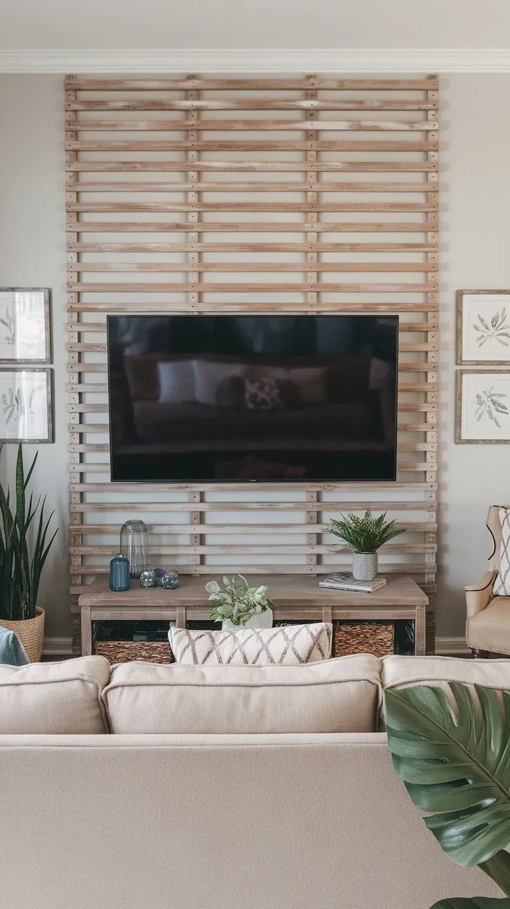 Transform your living room with this DIY wood slat accent wall! These accent wall panels, arranged horizontally, create a striking accent wall behind tv. The light grey backdrop and natural wood tones offer a sophisticated contrast. Consider this project for your own accent wall ideas living room, or even an accent hallway wall. The acoustic slat wood wall panels provide both style and potential sound absorption benefits.