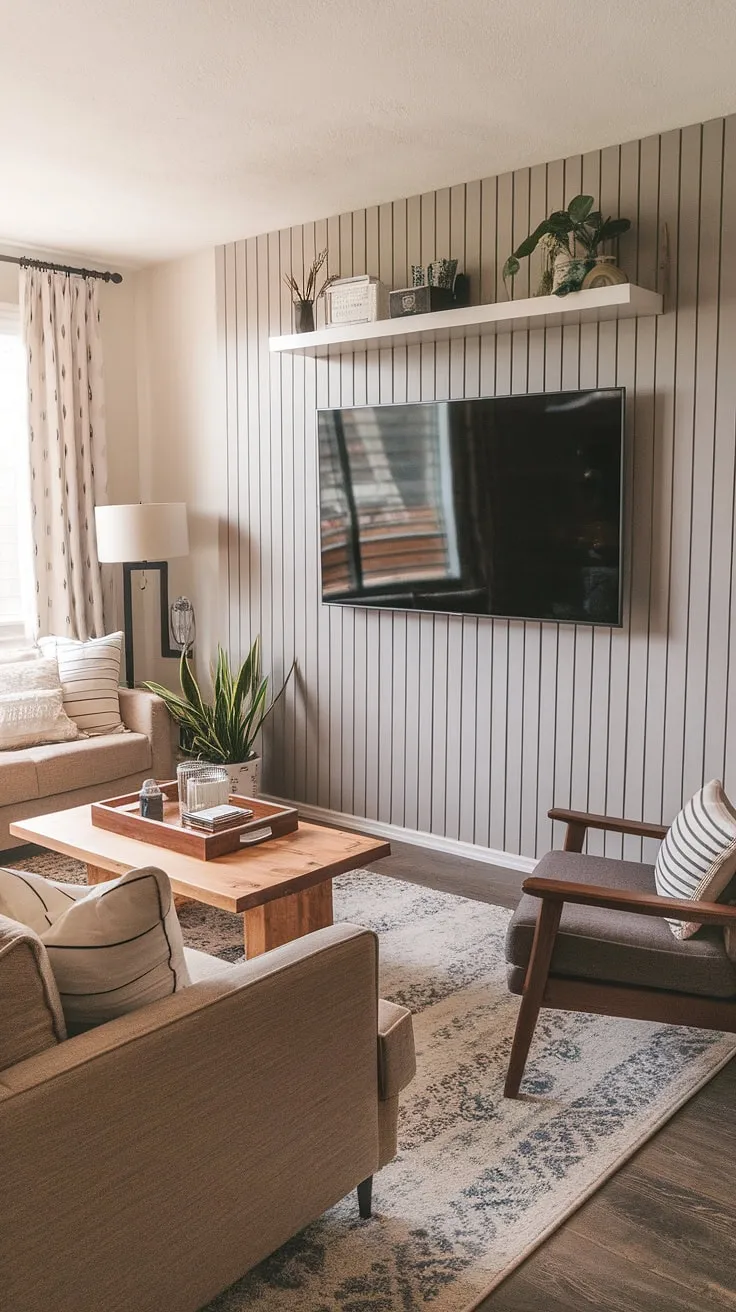 This living room's transformation is all thanks to an accent wall behind tv, a DIY wood slat accent wall crafted from acoustic slat wood wall panels. The accent wall panels add depth and visual interest, creating a cozy atmosphere. This accent wall ideas living room project is a testament to the power of DIY, showcasing how easily you can elevate your space. The neutral color palette and comfortable furniture perfectly complement the warm tones of the wood, making this a truly inviting space. The project serves as a great example of how to use accent wall panels effectively.