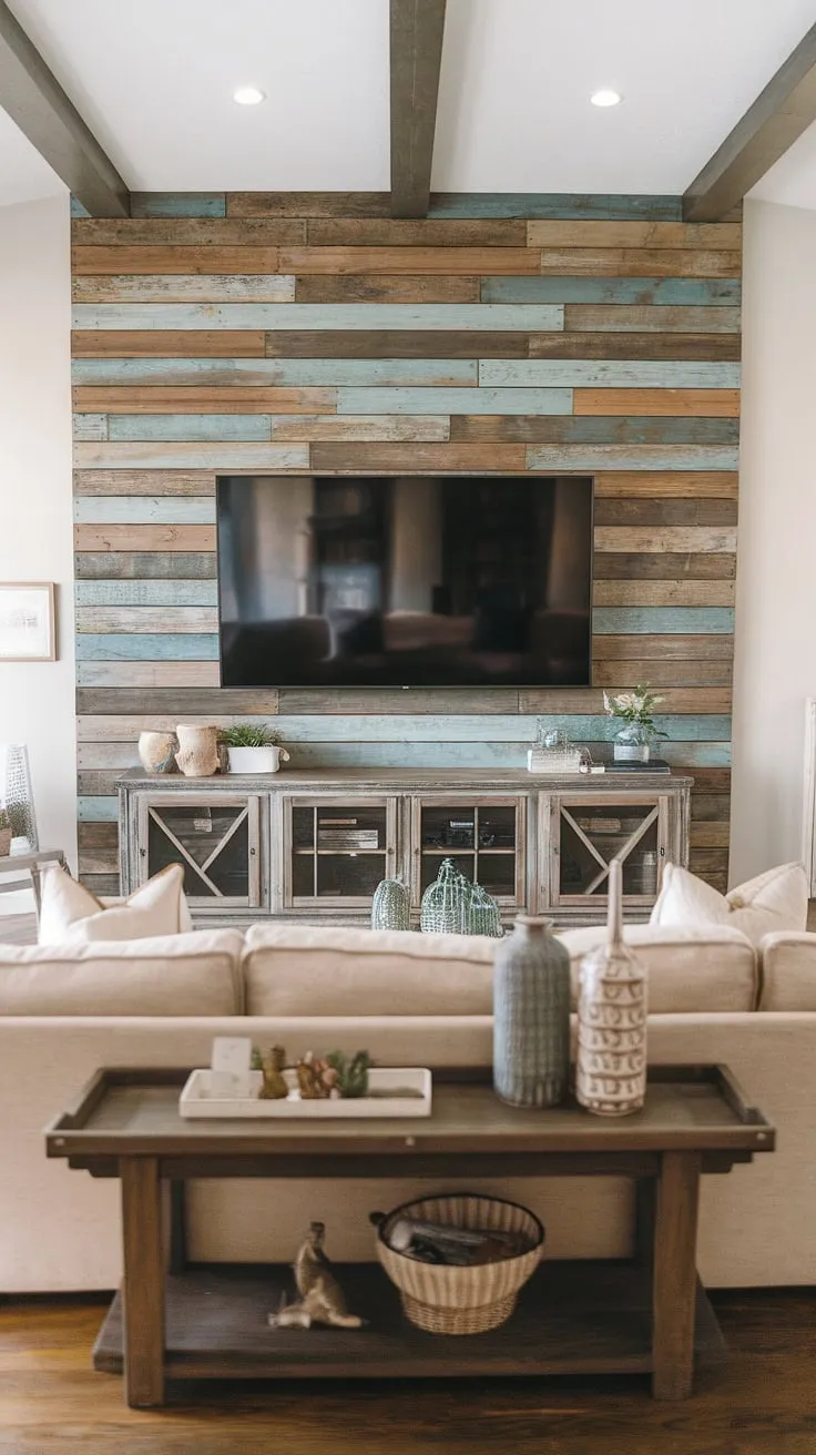 This DIY wood slat accent wall is the perfect accent wall behind tv, adding depth and character to the space. The weathered acoustic slat wood wall panels create a rustic vibe, offering inspiring accent wall ideas living room and showcasing the versatility of accent wall panels. A unique take on an accent hallway wall, even if it's not actually in a hallway!