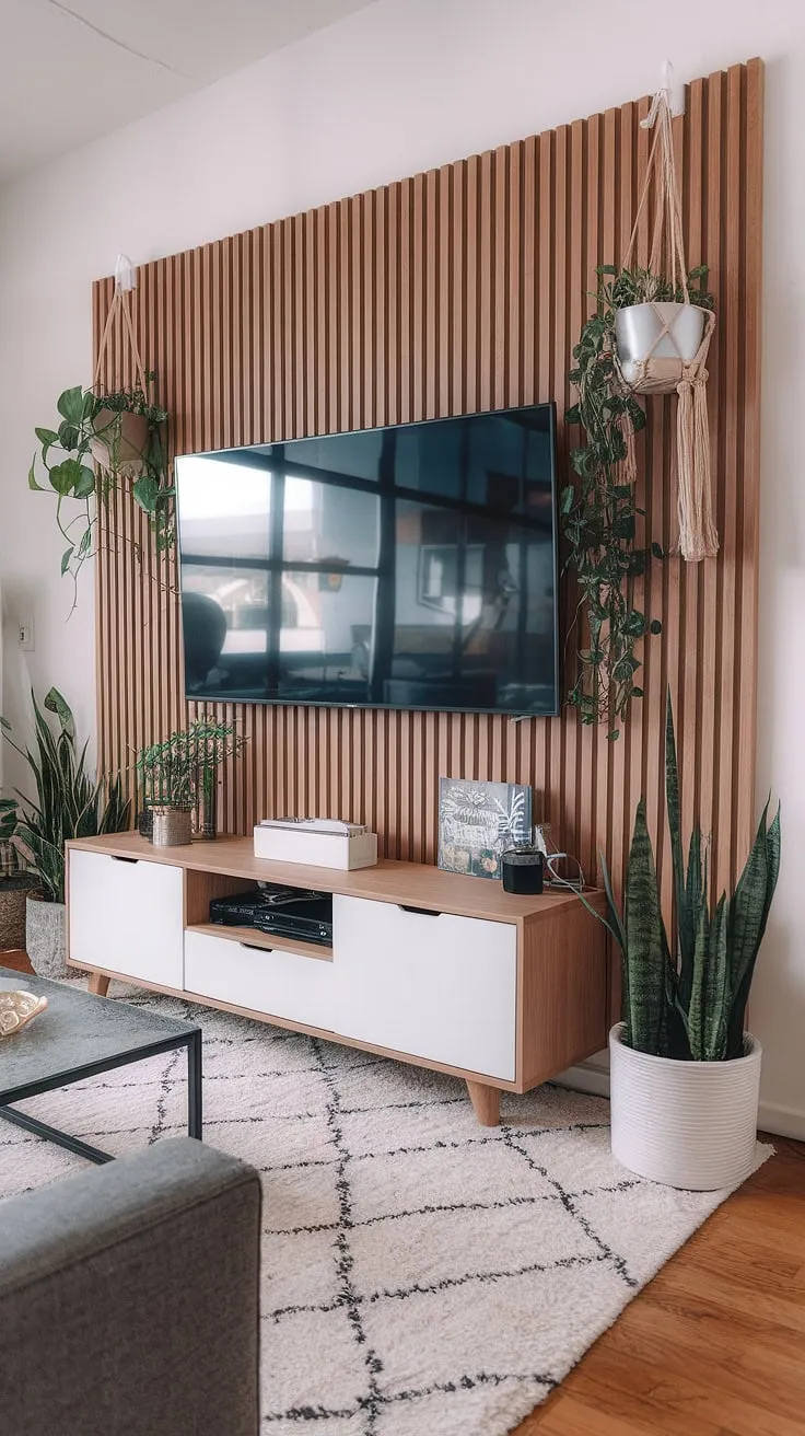 Transform your living room with this stunning DIY wood slat accent wall behind the TV. Acoustic slat wood wall panels create a unique focal point, offering both style and sound absorption. This accent wall ideas living room project is easier than you think!