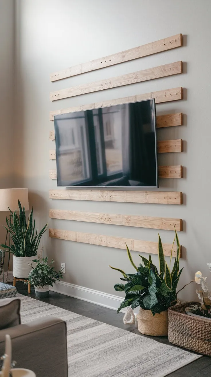 This accent wall behind TV is more than just a pretty face; the DIY wood slat accent wall also improves acoustics. Using accent wall panels to create this feature was surprisingly easy, and the result elevates the entire living room, showcasing simple yet effective accent wall ideas living room.