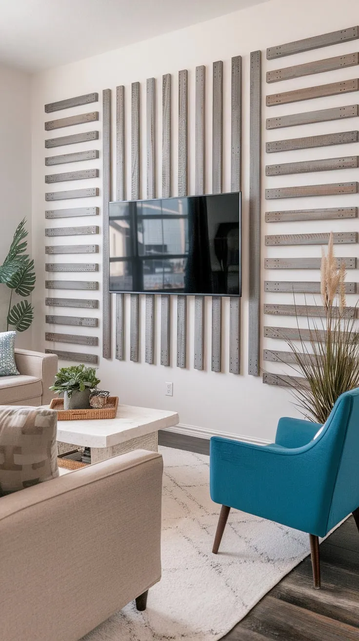 This living room boasts a stunning DIY wood slat accent wall behind the TV, a perfect example of accent wall ideas for a living room. The white-painted acoustic slat wood wall panels create a clean, modern look, while the vertical arrangement adds visual interest. The accent hallway wall (though not visible in its entirety) is subtly hinted at by the continuation of the design. The beige sofa, blue chair, and white coffee table complete the calming and stylish space.