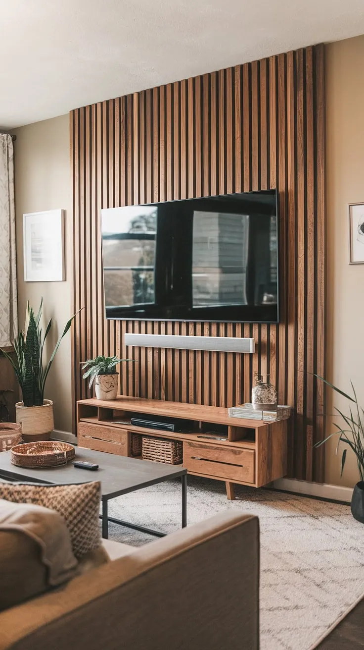 This DIY wood slat accent wall is the perfect blend of style and functionality.  The acoustic slat wood wall panels create a warm and inviting atmosphere, while the horizontal design adds a touch of modern elegance.  Looking for accent wall ideas living room? This accent wall behind TV, showcasing accent wall panels, is a testament to the power of a well-executed DIY project.