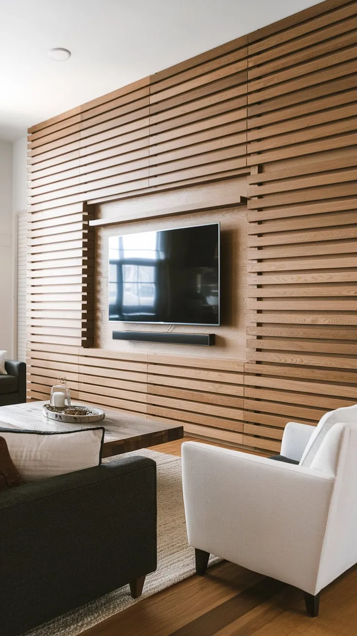 This DIY wood slat accent wall transforms the living room, creating a stunning focal point behind the TV.  The acoustic slat wood wall panels not only add warmth and texture but also improve the room's acoustics, making it a perfect example of accent wall ideas for a living room.  The natural wood complements the dark gray sofa and hardwood floors, while the white chair adds a touch of brightness.  This project is a testament to the power of an accent hallway wall, even in a smaller space.
