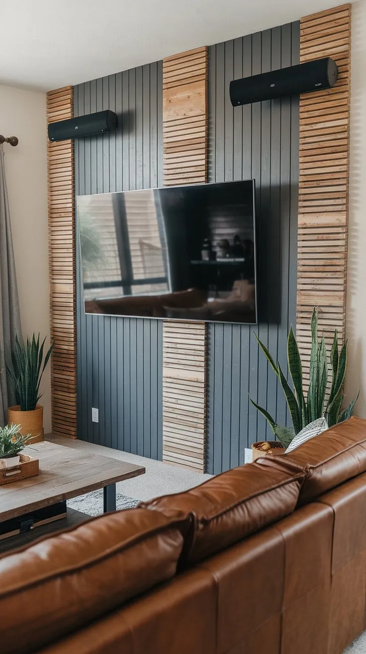 Transforming a simple living room into a cozy haven with this DIY wood slat accent wall.  The mix of horizontal and vertical acoustic slat wood wall panels creates a stunning focal point behind the TV, offering both style and improved acoustics. This accent wall behind TV is a perfect example of accent wall ideas living room, proving that even an accent hallway wall can be a statement piece.  The built-in speakers are a bonus!